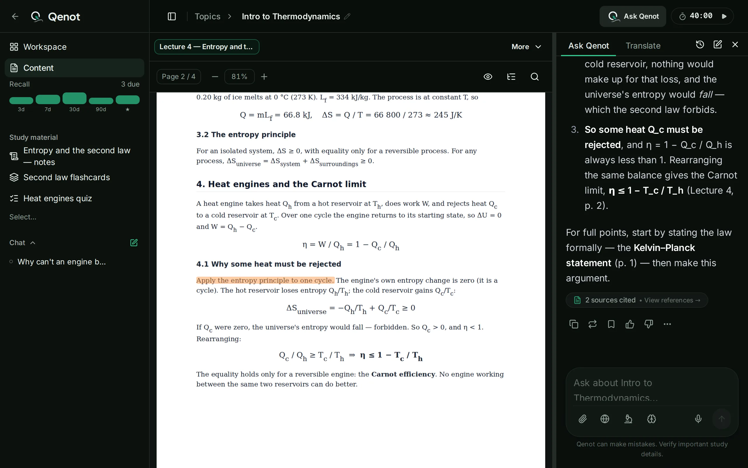 A lecture PDF open in Qenot with Ask Qenot beside it, answering a question and citing the page the answer came from.