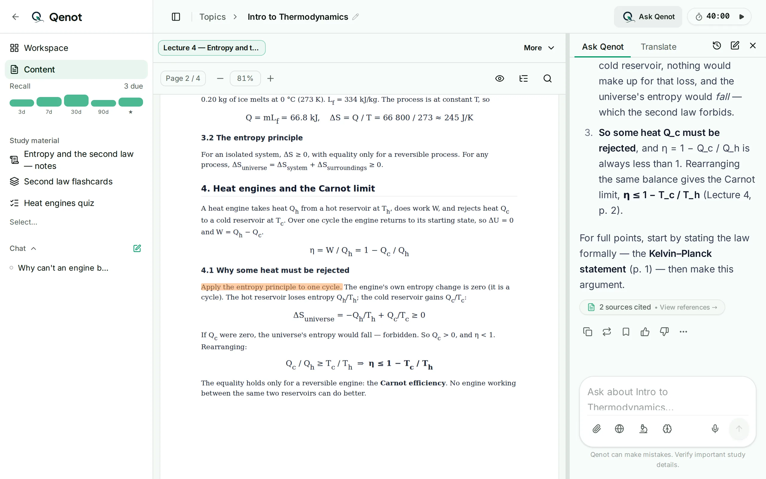 A lecture PDF open in Qenot with Ask Qenot beside it, answering a question and citing the page the answer came from.