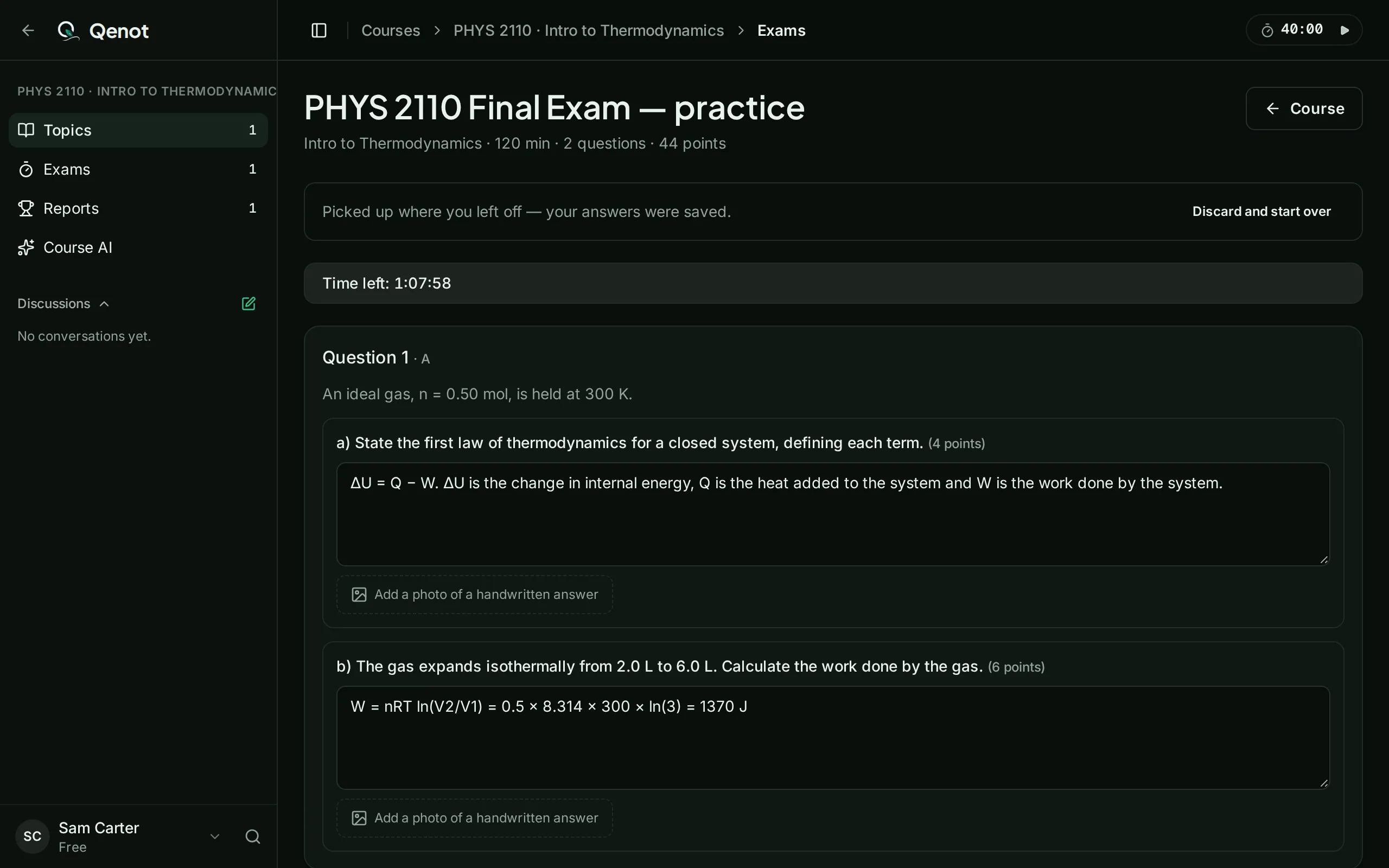 Taking a past exam on the clock in Qenot: the time left, each question with its points, and space to type an answer or add a photo of a handwritten one.