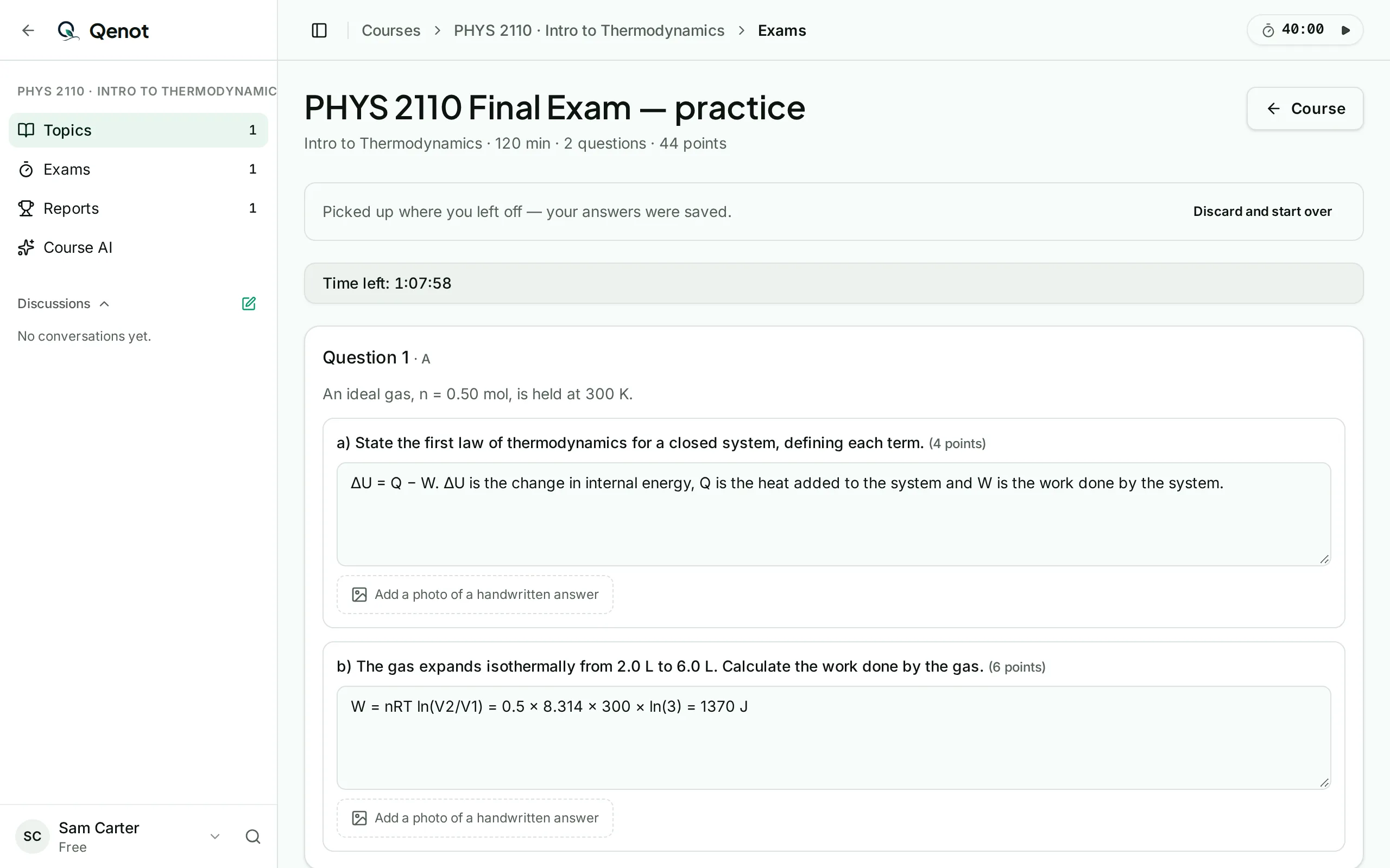 Taking a past exam on the clock in Qenot: the time left, each question with its points, and space to type an answer or add a photo of a handwritten one.