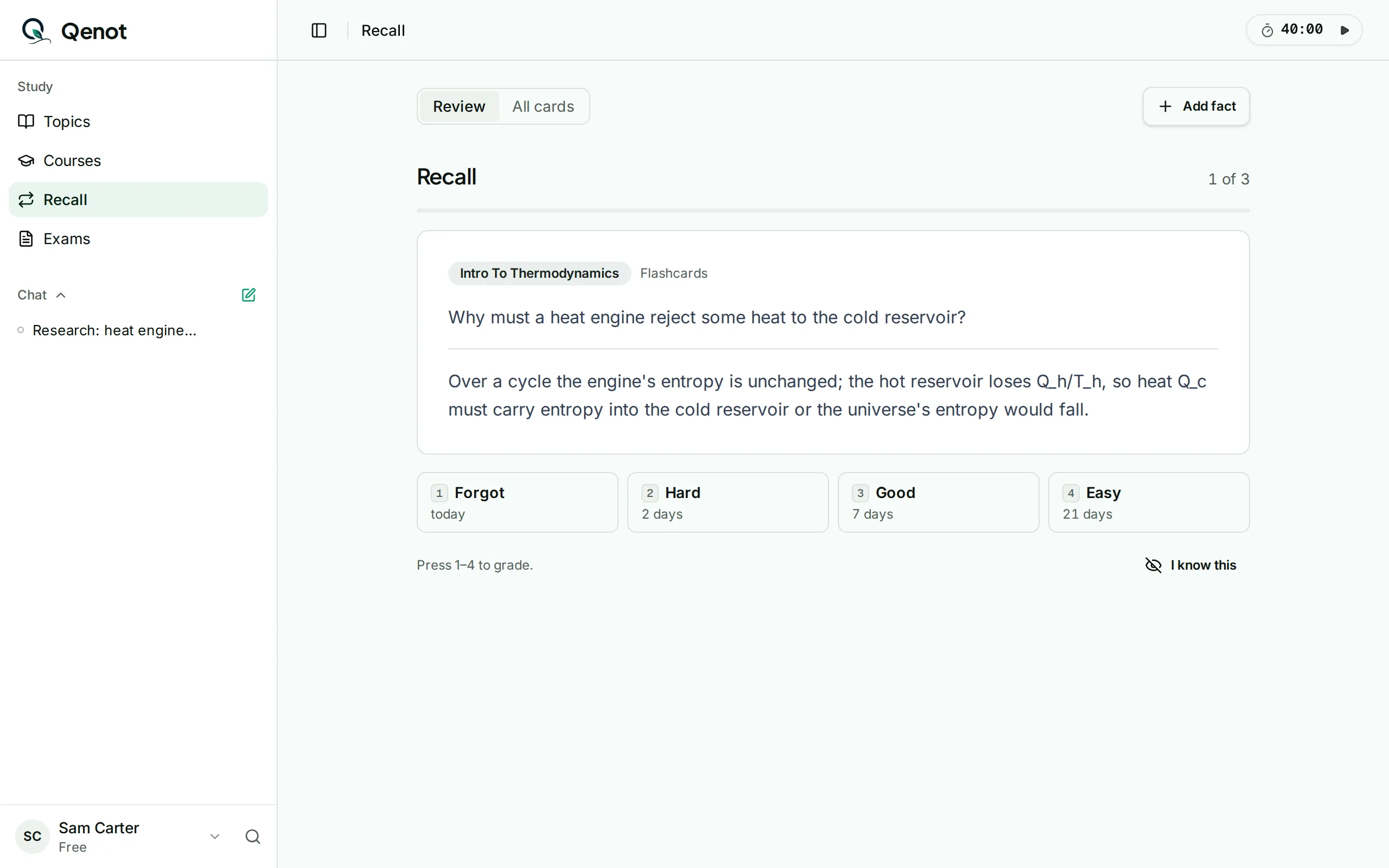 Qenot's Recall screen: a card with its answer shown, and when each choice — forgot, hard, good, easy — would bring it back.